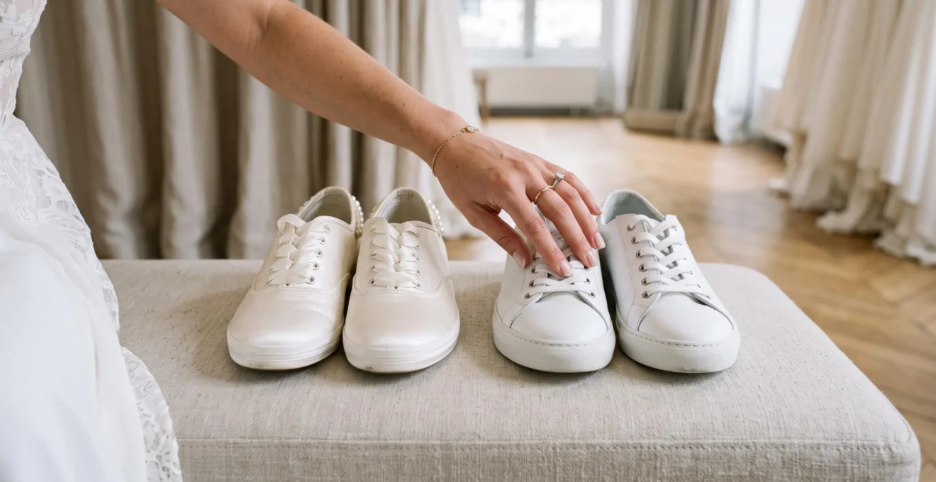 Une main féminine compare deux baskets de mariage en satin et cuir sur un banc.