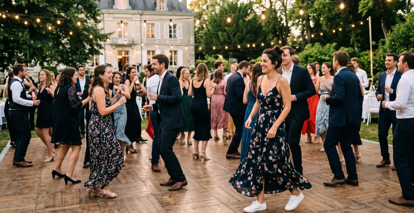Des invités dansent lors d'un mariage en extérieur, une femme porte des baskets blanches élégantes.