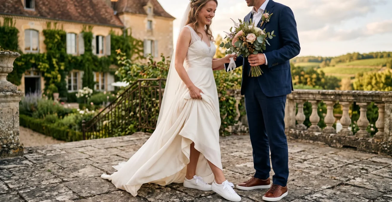 Une mariée en robe ivoire dévoile ses baskets blanches élégantes sur une terrasse en pierre.