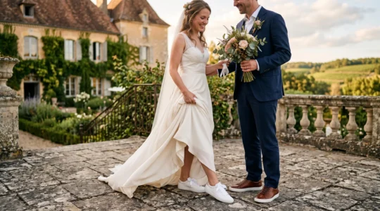 Une mariée en robe ivoire dévoile ses baskets blanches élégantes sur une terrasse en pierre.